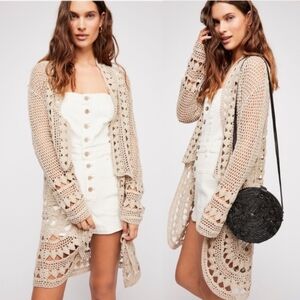 Free People Harmony Long Crochet Cardigan Duster Coverup Open Front Cardigan